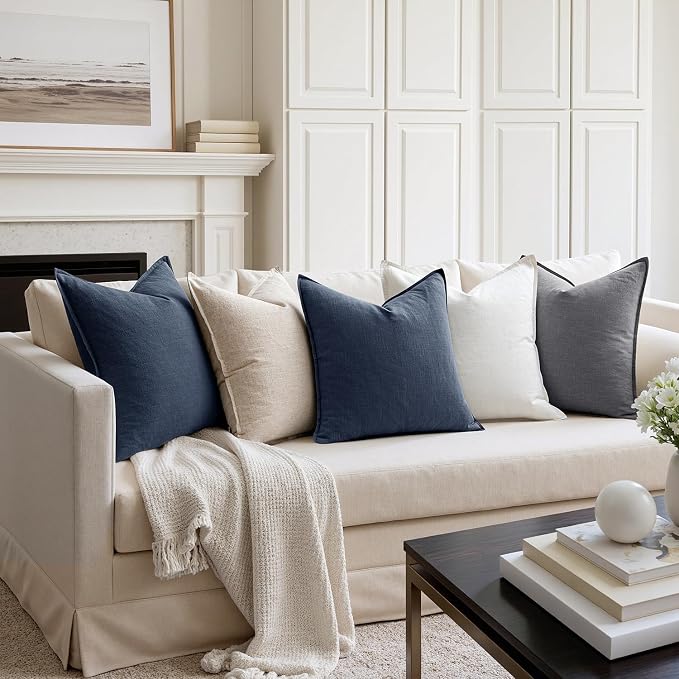 MIULEE Decorative Linen Pillow Covers 18x18 Inch Indigo Blue | Boho Farmhouse Neutral Couch Throw Pillows for Bed, Pack of 2 Accent Coastal Modern Pillowcases, Sofa Livingroom Home Decor