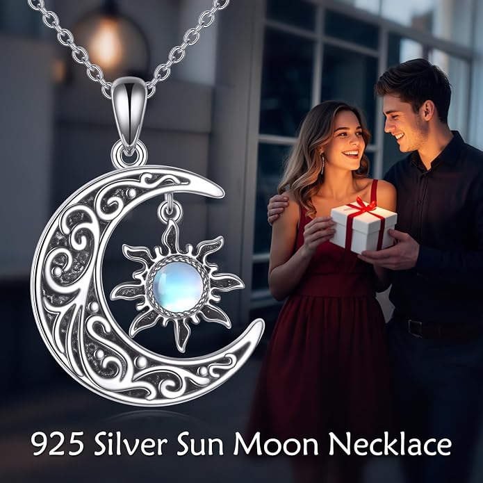 VONALA Crescent Moon Necklace Sterling Silver Emerald/Red/Purple/Black/Rainbow Topaz/Green/Aquamarine/Blue/Moss Agate Celtic Moon Teardrop Necklace Celtic Jewelry Gifts for Women Birthday