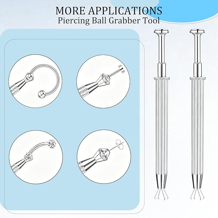 ONESING 2Pcs Piercing Ball Grabber Tool for Changing Jewelry, Stianless Steel Flat Back Earring Applicator Internally Threaded Push Pin Piercing Grabber Tool, Anti Slip 4 Claw Gem Ball Grabber Tool