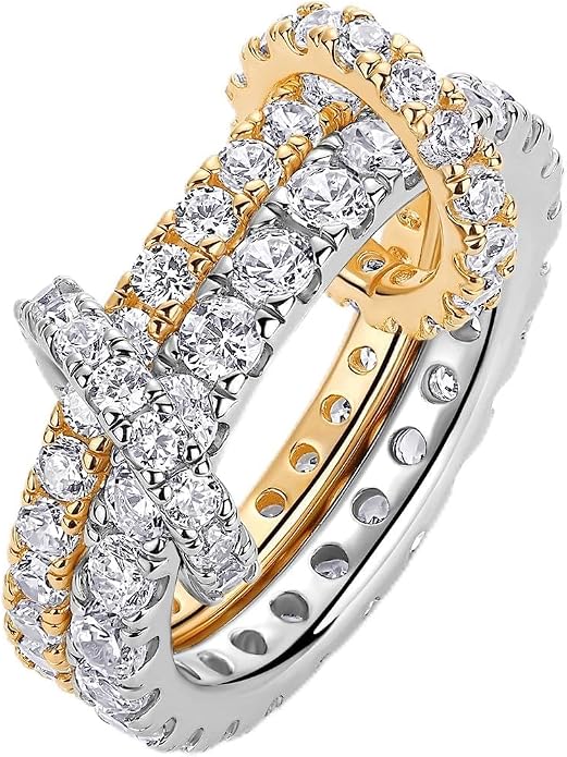 PAVOI 14K Gold Plated Interlocking Ring for Women - Chunky Connected Bands Interlock Stackable Rings for Women - Trendy Cubic Zirconia Two Tone Interlocked Multi-Band Statement Jewelry