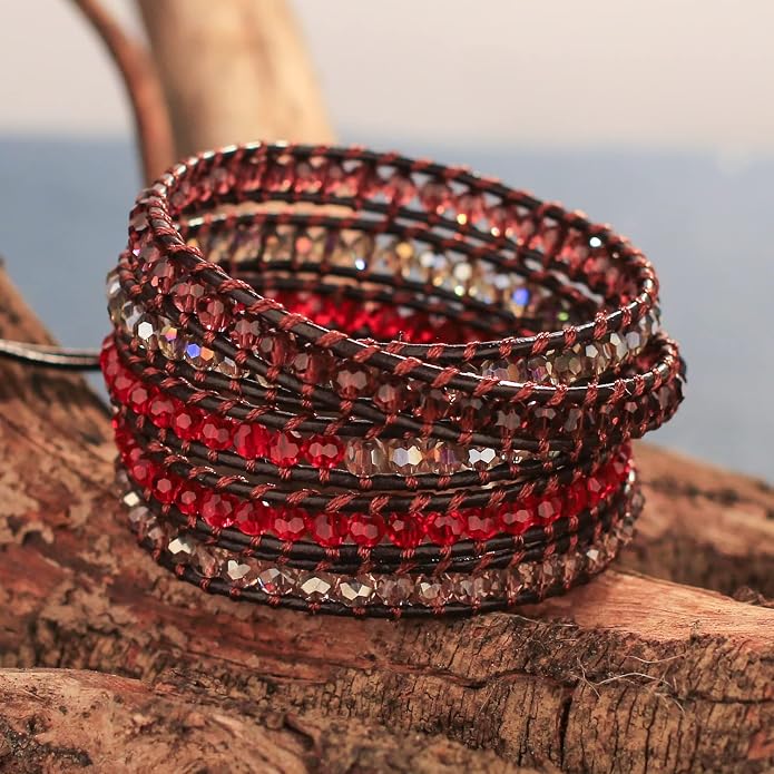 KELITCH Pearl Crystal Beads Bracelets Handmade Natural Leather 5 Wrap Bracelet for Women Classic Bangle Jewelry