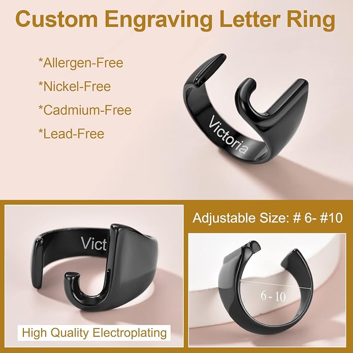 KeyStyle Bold Initial Letter Rings Adjustable, GoldChic Jewelry Women Gold Statement Ring Personalized Engraved Women’s Open Signet Ring for Party (Gold, White Gold, Black)