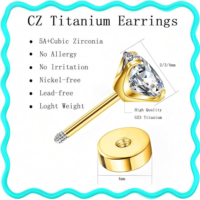 20G Hypoallergenic G23 Titanium Cubic Zirconia Silver Flat Back Earrings for Women and Men,Nickel-Free and Lead-Free Medical Waterproof Studs,Cartilage Stud Earrings for Sensitive Ears,Fashion Piercing Jewelry for Sensitive Skin