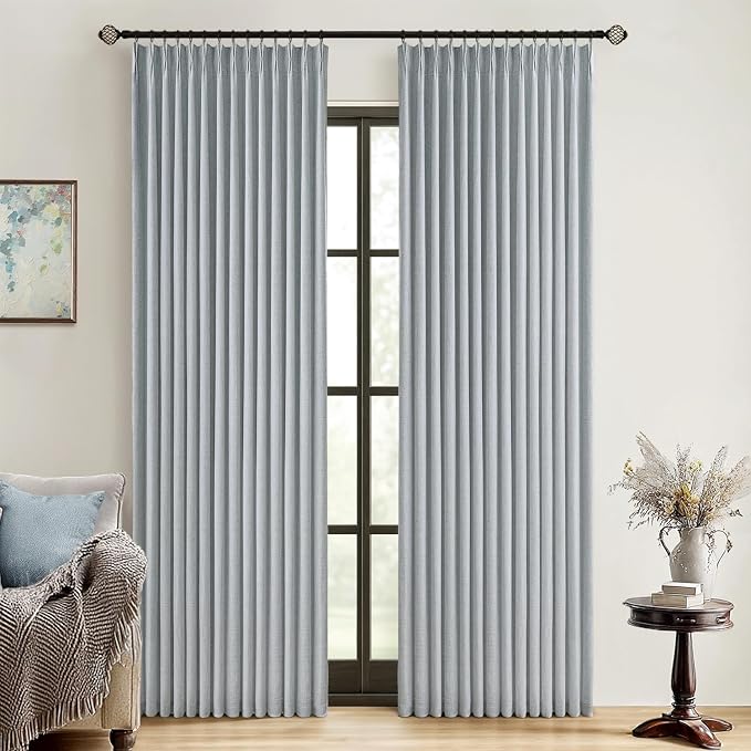 MIULEE Grayish Blue Pinch Pleated 100% Blackout Linen Curtains 102 Inch Length 2 Panels Set, Black Out Memory Trained Pleat Curtains Light Blocking Room Darkening Drapes for Bedroom Living Room Window