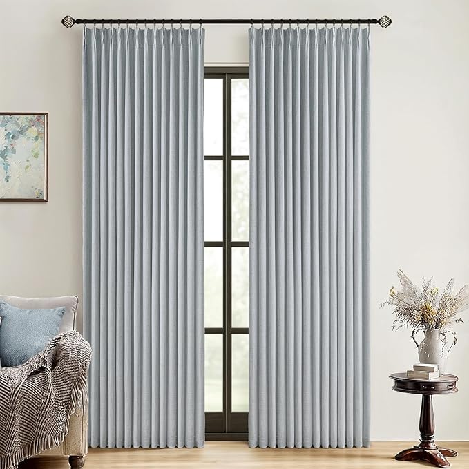MIULEE Grayish Blue Pinch Pleated 100% Blackout Linen Curtains 108 Inch Long 2 Panels Set, Black Out Memory Trained Pleat Curtains Light Blocking Room Darkening Drapes for Bedroom Living Room Window