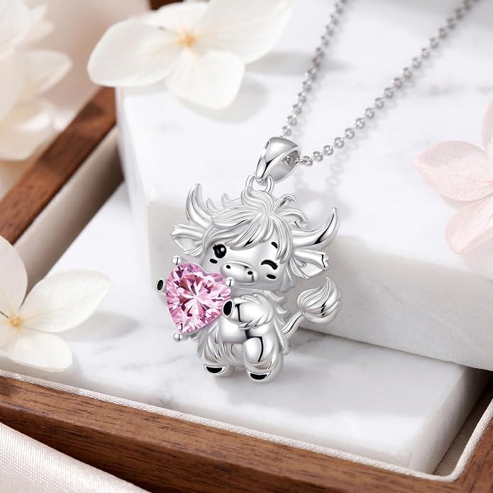PELOVNY Teddy Bear Necklace for Women 925 Sterling Silver Bear/Highland Cow/Fox/Cat/Axolotl Birthstone Necklace Christmas Birthday Jewelry Gifts for Mom Daughter Wife Sister