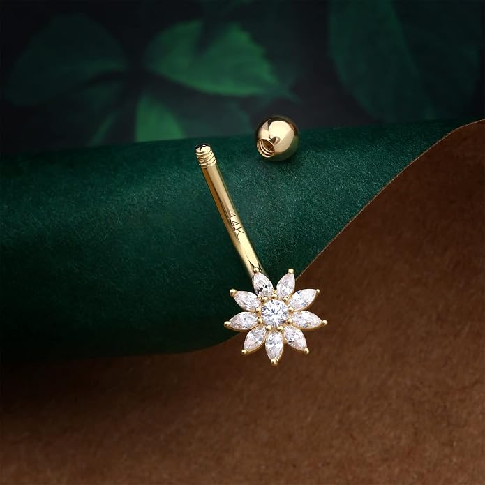 COCHARM 14K Real Gold Flower Belly Button Rings for Women Cute 14K Solid Gold Petal Navel Rings Dainty 14Kt Yellow Gold Belly Button Piercing Jewelry Nickel Free