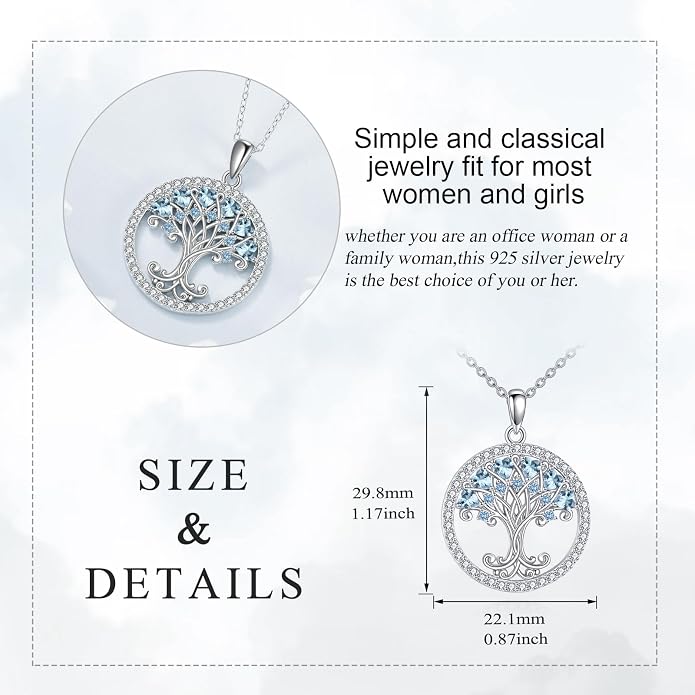Tree of Life Necklace for Women Birthstones Jewelry for Women Sterling Silver Fine Anniversary Birthday Christmas Wedding Jewelry for Wife Sister