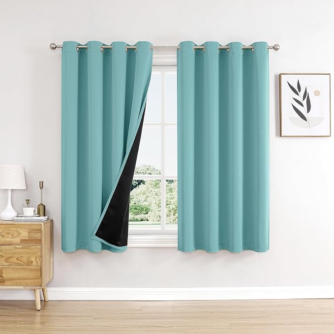 ChrisDowa 100% Blackout Curtains for Bedroom 2 Panels Set with Black Liner | 2 Thick Layers, Thermal Insulated, Light Blocking, Grommet, Window Treatment, Living Room Drapes, Aqua, 52 x 54 Inch