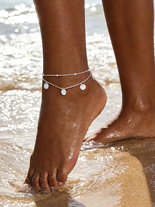 FOCALOOK 14K Gold Plated Anklets for Women Waterproof Plus Size Ankle Bracelet 8.5-10.5 Inch Adjustable Mariner/Figaro/Flat Snake/Cuban Link Chain Anklet Jewelry for Summer Beach Holiday