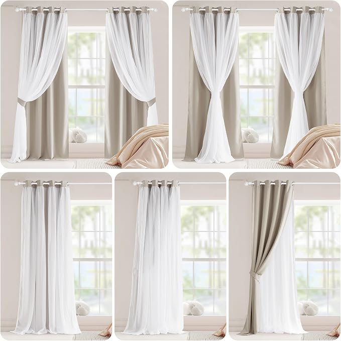 PONY DANCE 2 Layers Curtains Set - Room Darkening Mix & Match Room Darkening Curtains with White Sheer Voile, 52" Wide and 84" Long,Cream, 2 Panels