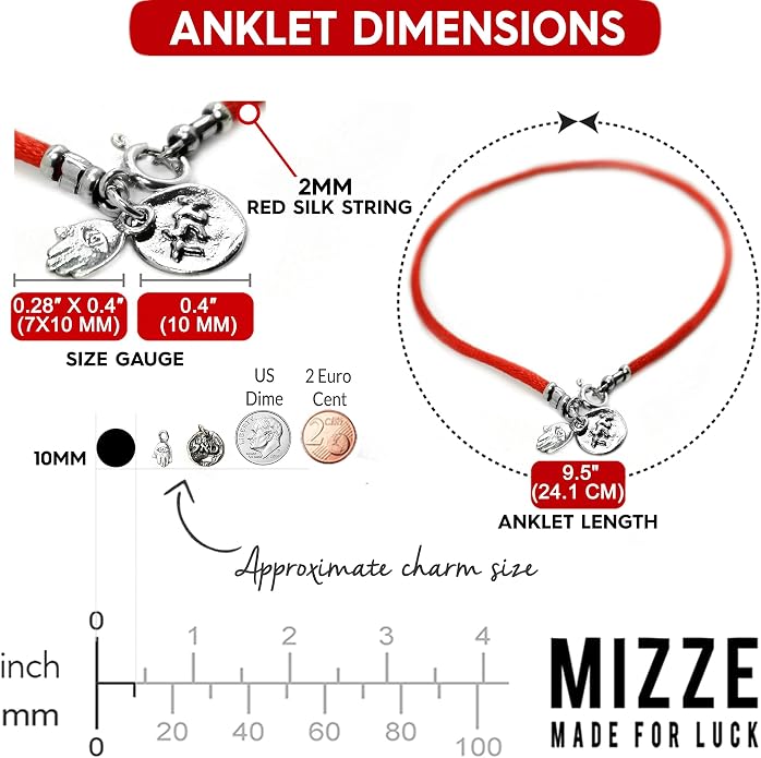 Red Protection & Positive Energy Anklet for Women on Silk String - Sterling Silver Coin Charm & Hamsa Hand Ankle Bracelet for Protection - 9.5" Length with Spring Ring Clasp
