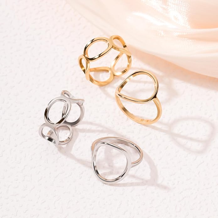 2PCS Circle Statement Ring Set for Women 14K Gold Plated Simple Link Chain Knuckle Stacking Bands（Gold and Silver, Size 5 to 10）