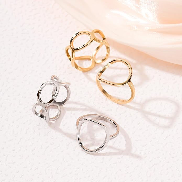 2PCS Circle Statement Ring Set for Women 14K Gold Plated Simple Link Chain Knuckle Stacking Bands（Gold and Silver, Size 5 to 10）