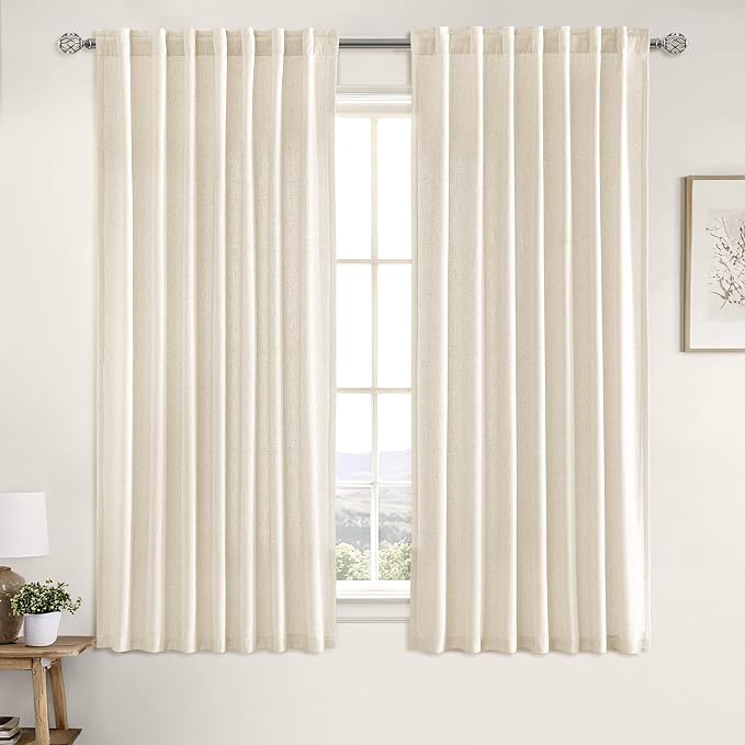 MIULEE Non-See-Through Privacy Linen Curtains 52W x 63L Inch Cream Ivory | 2 Panels, Light Filtering, Semi Sheer Window Curtains, Farmhouse Textured, Back Tab Drapes for Bedroom Living Room