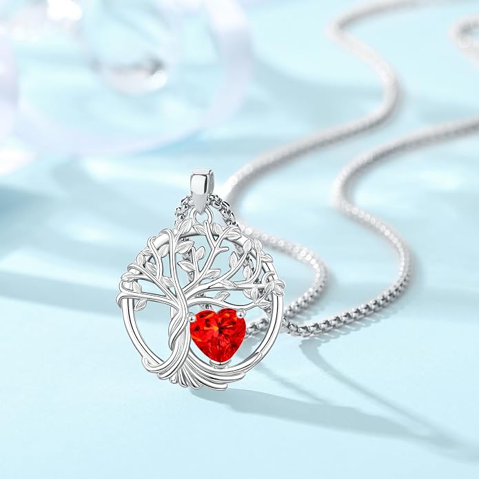 Birthstone Tree of Life Necklace for Women Heart Crystal Pendant Silver Plated Birthday Anniversary Jewelry for Wife, Mom, and Her