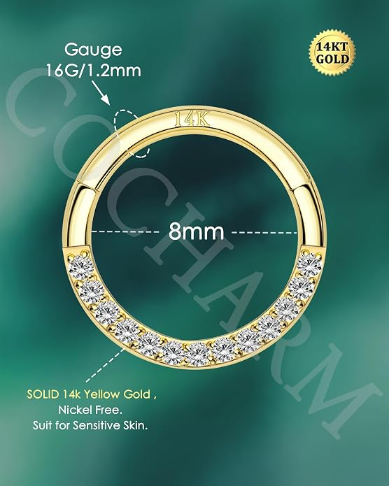 COCHARM 14K Solid Gold 18g/16g Nose Rings 16G Septum Rings Yellow Gold Tragus Helix Cartilage Conch Earring Hoops 18 Gauge Piercing Hoop