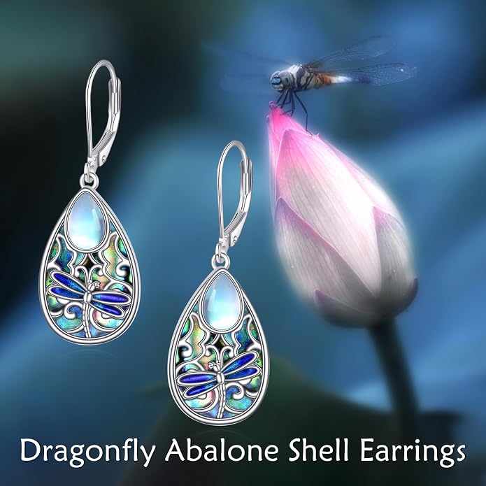 Dragonfly Earrings for Women 925 Sterling Silver Teardrop Leverback Moonstone Earrings Abalone Dangle Earrings Dragonfly Jewelry