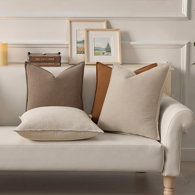 decorUhome Fall Natural Linen Throw Pillow Covers 16x16 Set of 2 | Decorative Soft Cozy Modern Farmhouse Boho Accent Pillow Cases with Flange Edges for Couch Bed Sofa Living Room Home Decor