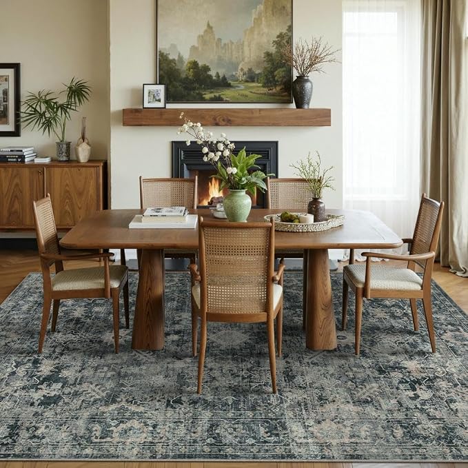 Rugxara Area Rugs 5x7 Washable Rug for Living Room Bedroom, Blue Rug | Non Slip, Rug for Dining Room Dorm Office Farmhouse, Stain Resistant, Soft, Vintage Boho Retro Carpet, Low Pile, Home Decor