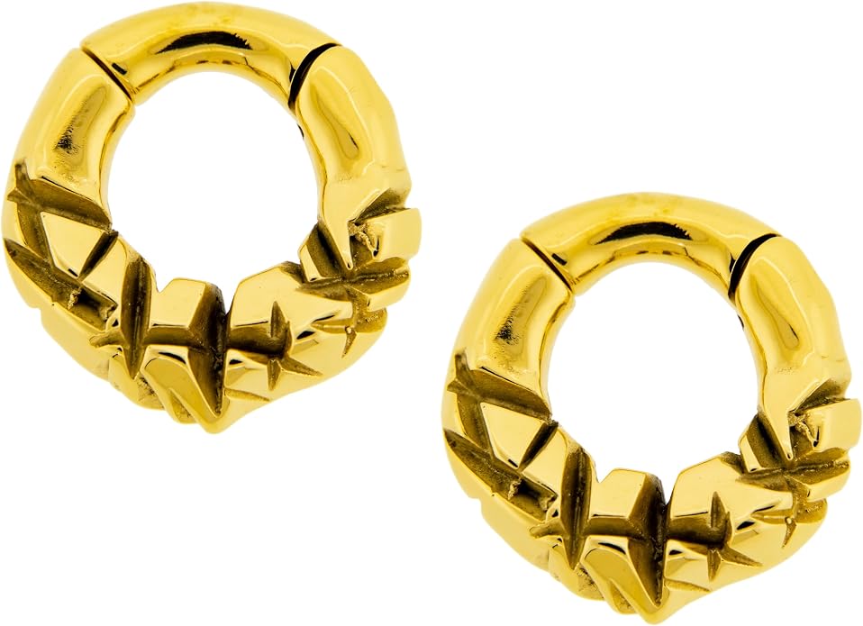 6GA 316L Stainless Steel Crinkled Texture Design Hinged Clicker Rings for Stretched Piercings, Sold as a Pair