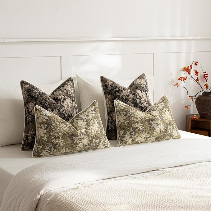 DEZENE Pack of 2 Vintage Floral Throw Pillow Covers 20x20 Boho Farmhouse Accents Chenille Square Decorative Pillow Cases for Living Room Couch Bed Home Decor, Taupe