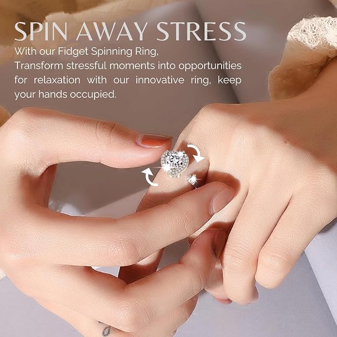 Halukakah 18K Gold/Platinum Plated Anxiety Spinning Ring: Stylish Diamond Heart Stress Relief Jewelry with Beads Spinner,Himalaya Salt Added,Size Adjustable,Gift for Women,Teens,Girls,Daughter,and Mom