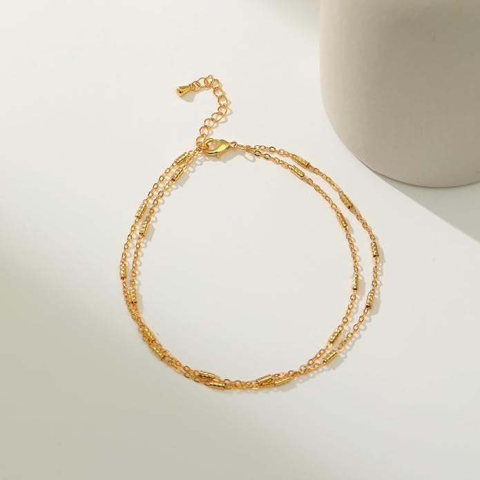 Pencros Dainty Layered Anklet,14K Gold Filled Cute Beads Satellite Chain Heart Boho Adjustable Anklets for Women