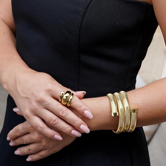 CIUNOFOR Chunky Statement Rings for Women, 14K Gold Plated Stainless Steel Dome Ring, Wide Band Retro Dome Jewelry Gift, Non-Tarnish Adjustable Fashion Ring, Fit Size 6 to 10