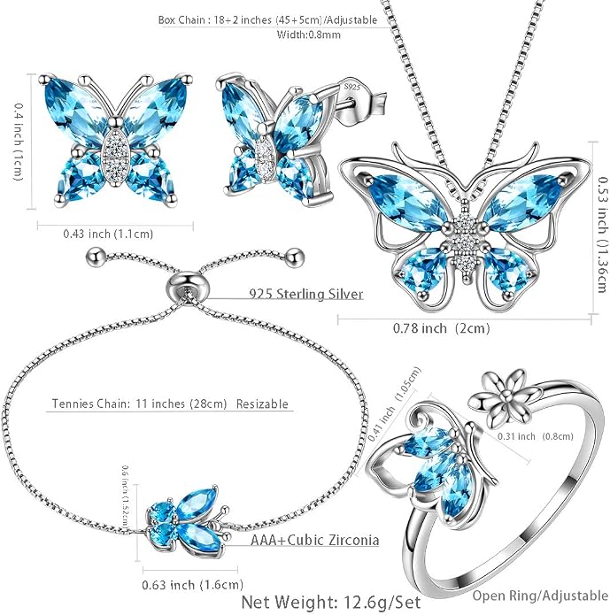 Aurora Tears Butterfly Jewelry,Women 925 Sterling Silver Butterflies Birthstone Pendant Necklace/Earrings/Rings Wedding Gift