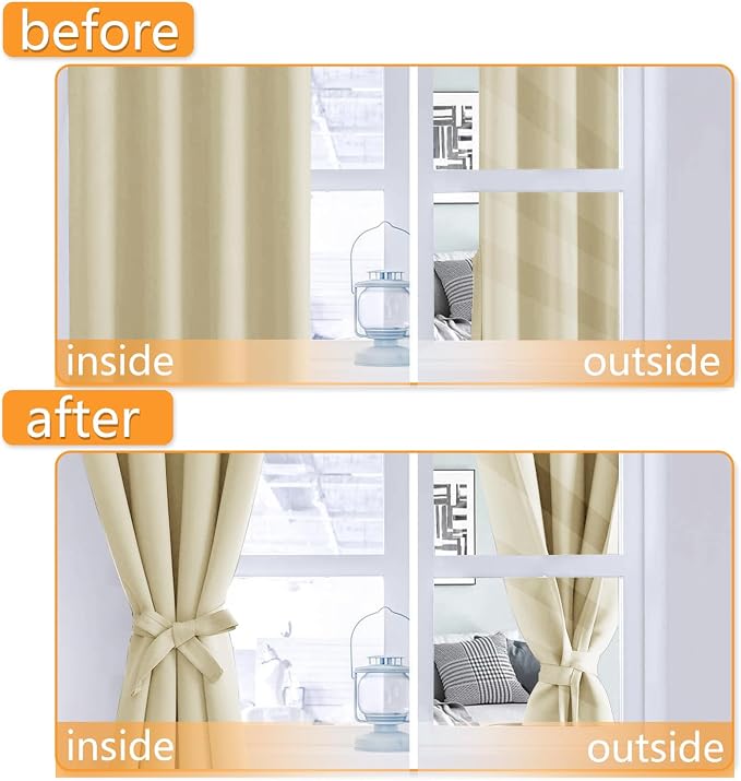 Hiasan Blackout Curtains for Bedroom - Thermal Insulated & Light Blocking Window Curtains for Living Room, 2 Drape Panels Sewn with Tiebacks, Light Beige, 42 x 54 Inch