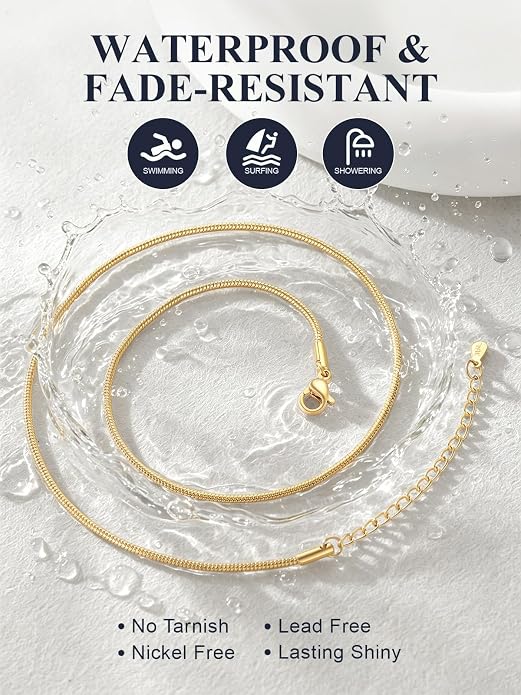 U7 Snake Necklace for Women 14K Gold Plated/Silver/Rose Gold/Black Chain Necklace Hypoallergenic, Stainless Steel Tiny Snake Chain Necklace 1/1.2/1.5/2MM, 14-30" Adjustable Minimalist Gift