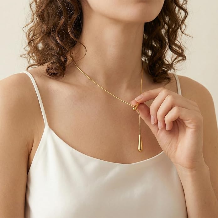 18k Gold Long Necklace for Women Dainty Snake Chain Bolo Adjustable Minimalist Round Bead Jewelry Trendy Simple Aesthetic Gifts for Her