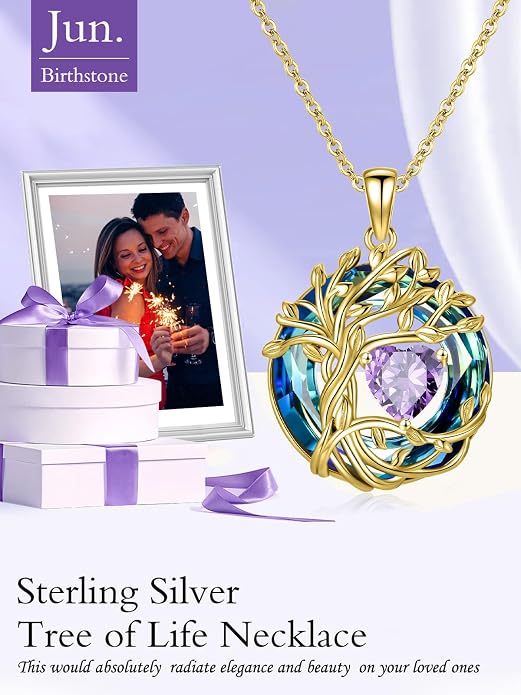 TOUPOP Tree of Life Birthstone Necklace Sterling Silver Pendant Birthstone Necklaces with Blue Crystal Anniversary Birthday Jewelry for Women Mom Wife Her