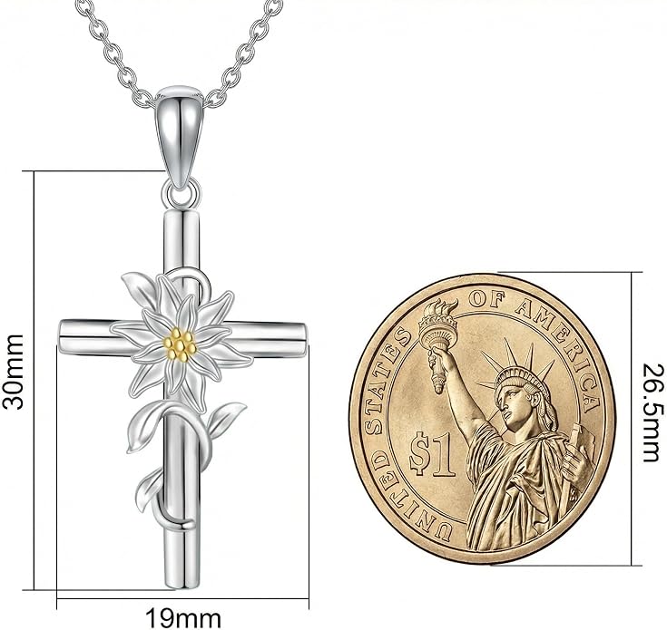 Flower Cross Necklace 925 Sterling Silver Carnation/Rose/Lily/Daisy Cross Necklace Birth Flower Jewelry for Women