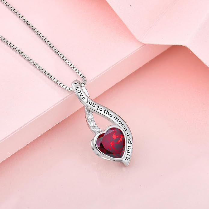 I Love You to The Moon and Back Necklace for Women, 925 Sterling Silver Heart Birthstone Pendant Necklace Jewelry Anniversary Birthday Gifts for Girls Women Wife Mom Daughter