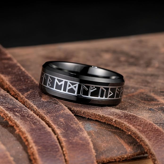 King Will Tungsten Carbide Wedding Band for Men - 8mm Black/Silver/Gold Plated with Norse Viking Rune & Hawaii Koa Wood Inlay Mens Ring, Polished Beveled Edge for Daily Wear, Comfort Fit Size 7-14