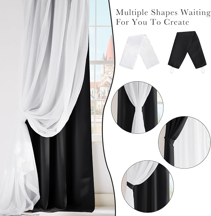 PONY DANCE Black Curtains for Bedroom - Decorative Window Curtains Double Layered Blackout Drapery White Crushed Sheers Panels Set for Living Room, 52 W x 84 L, Set of 2