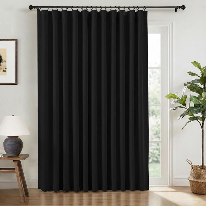 INOVADAY 100% Blackout Curtains for Bedroom, Black Out Curtains 96 Inch Long, Clip Rings Linen Blackout Drapes, Thermal Insulated Room Darkening for Living Room, 1 Panel - Black,W102xL96