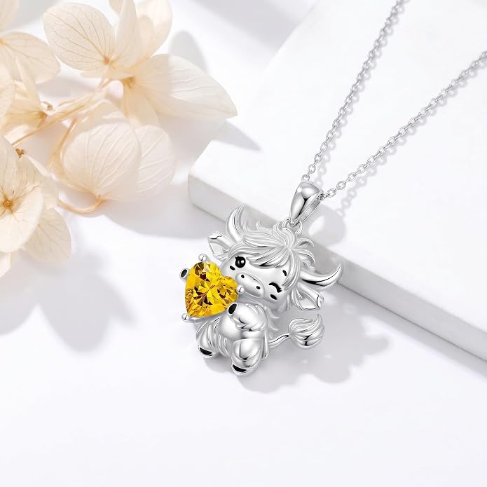 PELOVNY Teddy Bear Necklace for Women 925 Sterling Silver Bear/Highland Cow/Fox/Cat/Axolotl Birthstone Necklace Christmas Birthday Jewelry Gifts for Mom Daughter Wife Sister