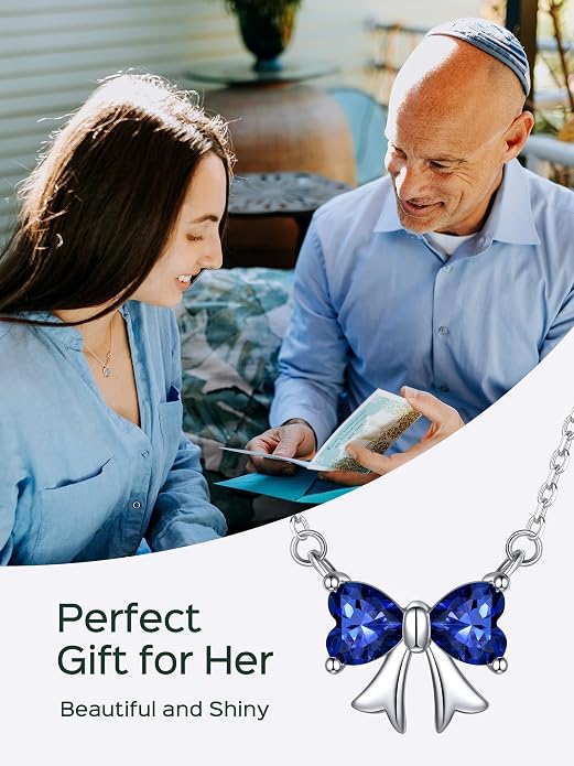 ChicSilver Bow and Cat Birthstone Necklace, 925 Sterling Silver Pendant Necklaces for Women, Hypoallergenic Silver Choker with 16 inch Rolo Chain, 12 Months Jewelry for Valentines Mothers Day Christmas