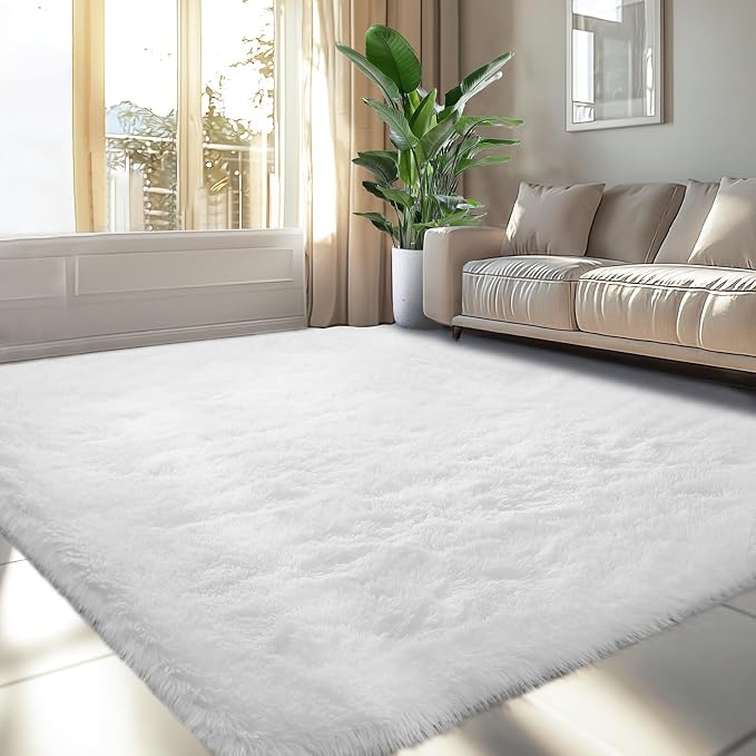 Topmaxcs White Fluffy Bedroom Area Rug : Fluffy Area Rugs for Living Room - White Shag Bedroom Area Rug 5x7