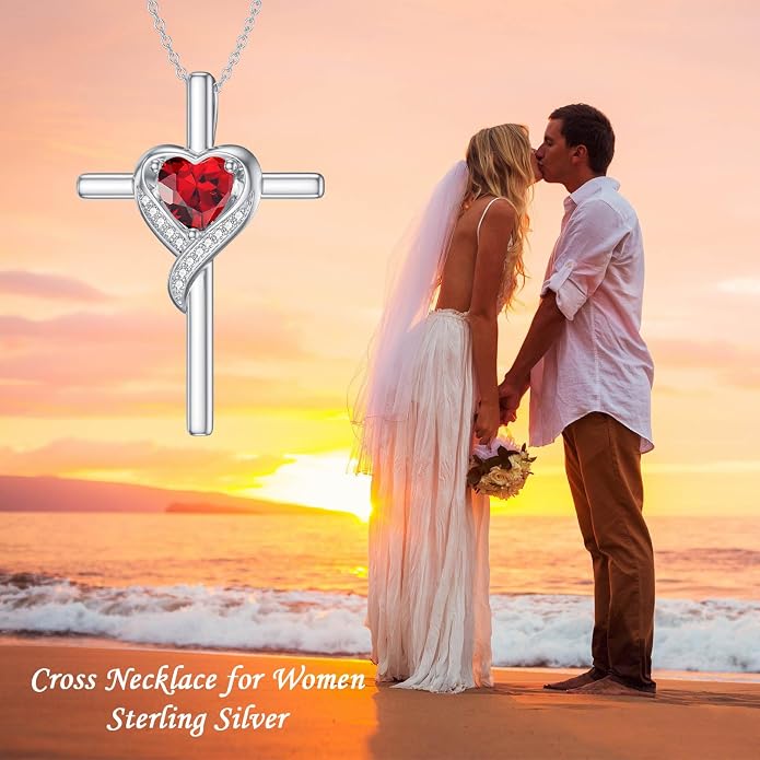 TOUPOP Birthstone Cross Necklace for Women 925 Sterling Silver Heart Cross Pendant Necklace Mothers Day Birthday Jewelry Gifts for Mom Wife Her