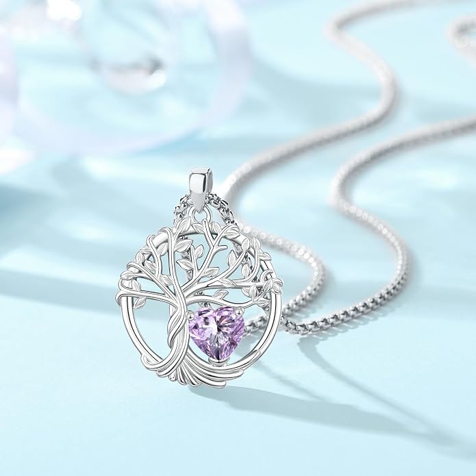 Birthstone Tree of Life Necklace for Women Heart Crystal Pendant Silver Plated Birthday Anniversary Jewelry for Wife, Mom, and Her