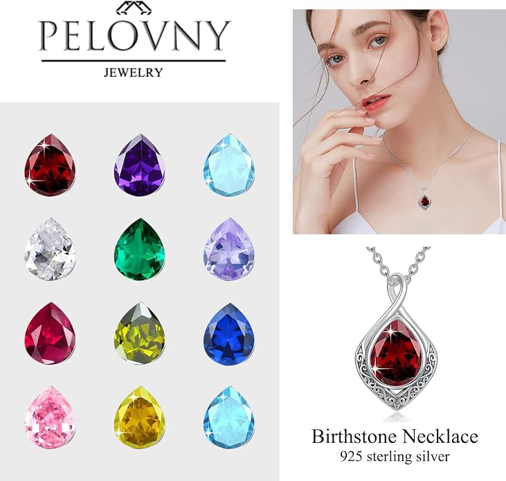 PELOVNY Celtic Knot Necklaces for Women 925 Sterling Silver Gemstone/Birthstone Teardrop Infinity Necklace Irish Celtic Pendant Jewelry Gifts for Mom Daughter Wife