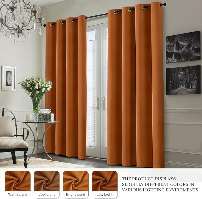 Yakamok Burnt Orange 100% Blackout Curtains 63 Inches Long 50" Wide 2 PCS | Blackout Curtain Panels for Bedroom, 2 Thick Layers Grommet Top Thermal Insulated Drapes with White Back for Living Room