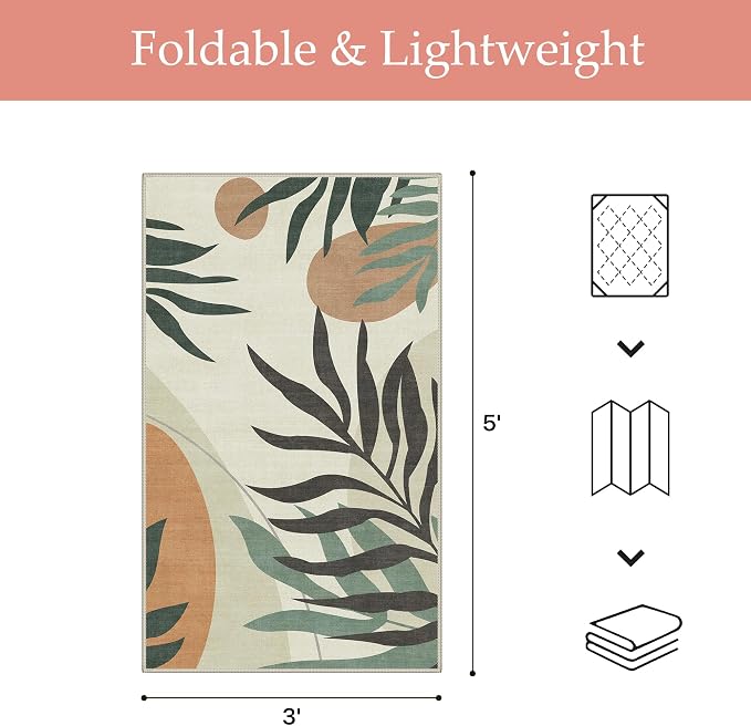 GENIMO 3x5 Outdoor Rug, Washable for Porch and Balcony, Beige Olive | Botanical leaf design for entryway; fade resistant chenille with quick-dry non-slip backing for indoor mudroom.