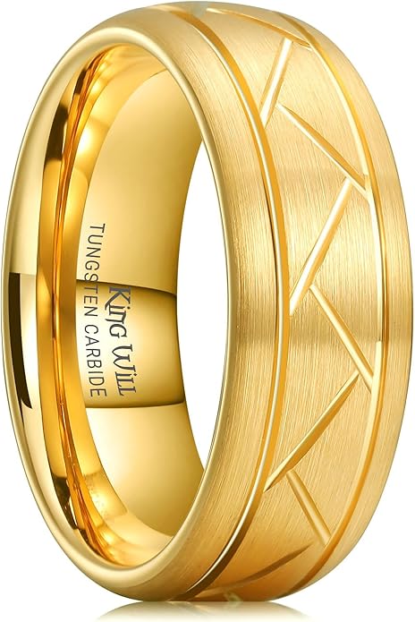 King Will Classic Tungsten Carbide Ring Brushed Two Grooved Center Hammered Design Mens Wedding Band for Men