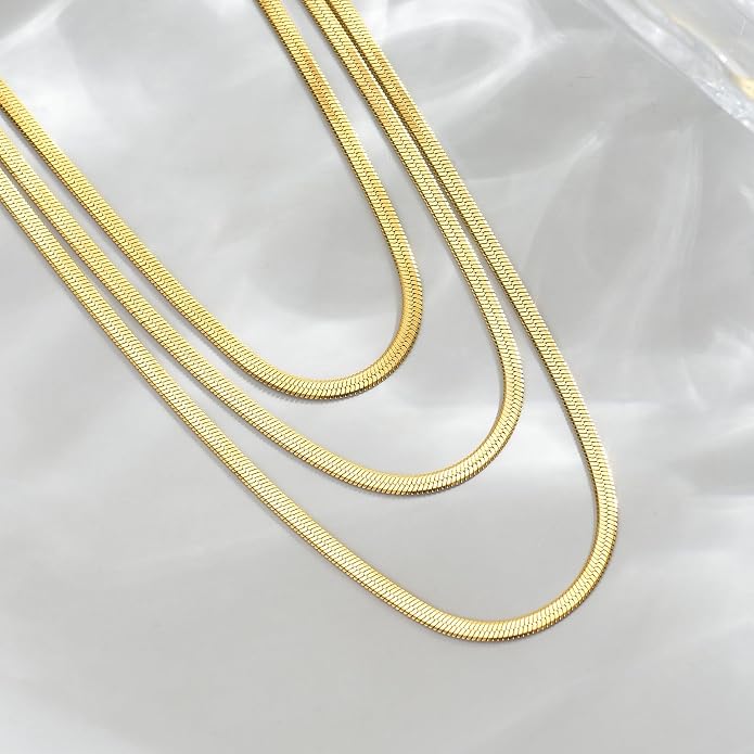 18K Gold Plated Layered Herringbone Necklaces for Women Dainty Layering Beaded Snake Chain Choker Moon Coin Pendant Necklace Trendy Stainless Steel Jewelry