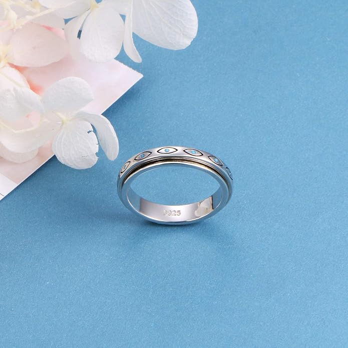 Alphm S925 Sterling Silver Spinner Fidget Anxiety Worry Relieving Boredom ADHD Autism Band Rings